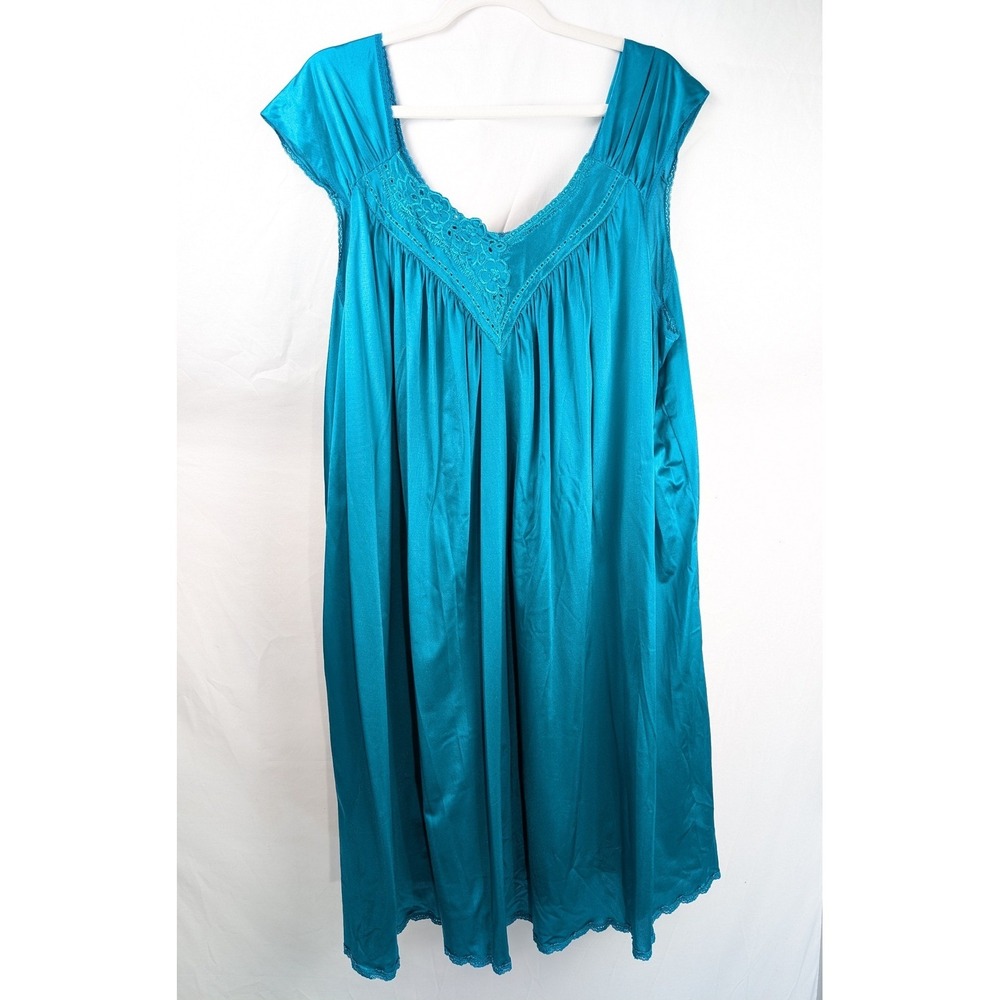 Vintage 80s Vanity Fair Satin Lace Trim Babydoll Dress Size XL Blue Nightgown - Picture 2 of 9